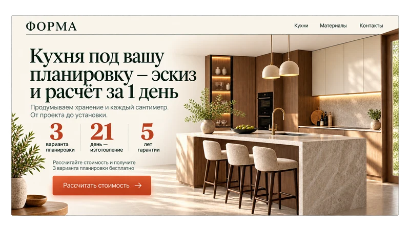 Пример первого экрана студии кухонь: предложение, три преимущества и кнопка расчёта